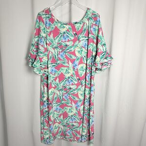 Pappagallo Victoria Ruffle Flutter Sleeve Island Print Shift Dress Sz 2X